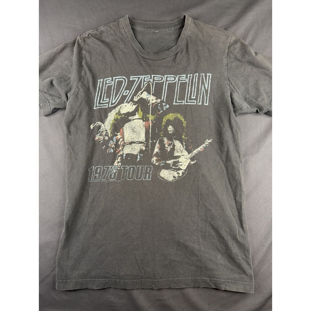 Led Zeppelin Shirt 1975 Tour Concert Reprint Graphic Tee Faded Black, S/M